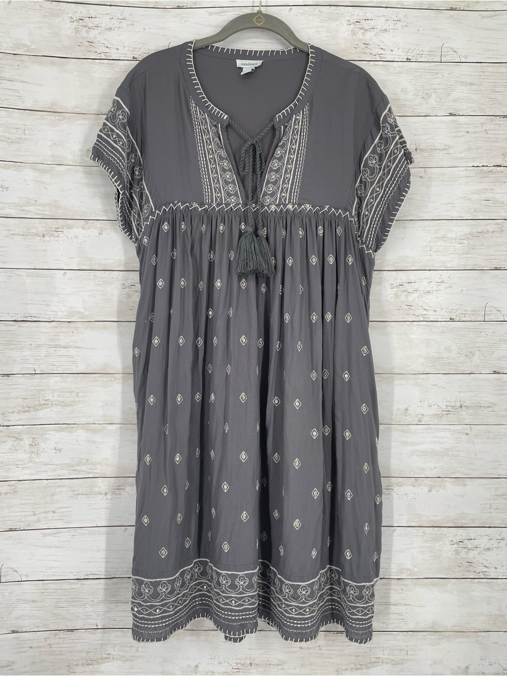 Sundance Aura Embroidered Boho Tassel Dress in Slate Gray Sz Large